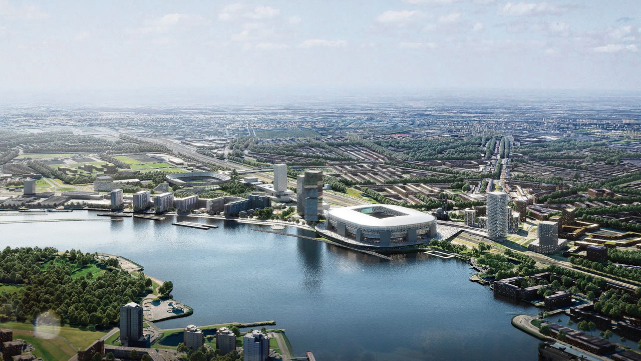 Artist impression van het plan voor Feyenoord City, waaronder een nieuw stadion en woningbouw.