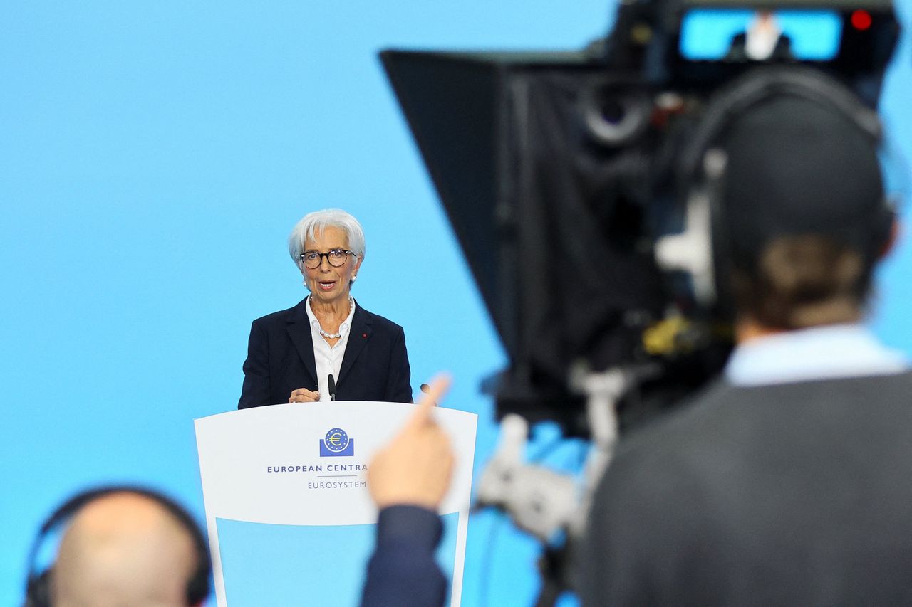 Christine Lagarde, president van de Europese Centrale Bank, tijdens de persconferentie donderdag waar de ECB een nieuwe renteverhoging aankondigde.