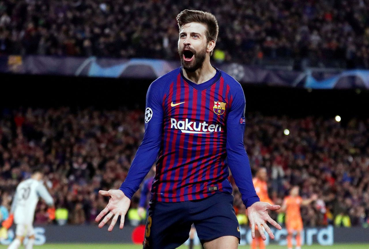 Piqué na zijn doelpunt in de Champions League-wedstrijd tegen Olympique Lyon in 2019.