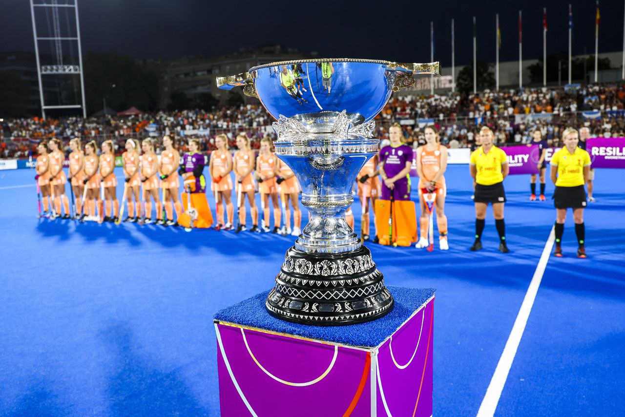 De Nederlandse hockeyvrouwen tijdens de finale van het WK in juli.