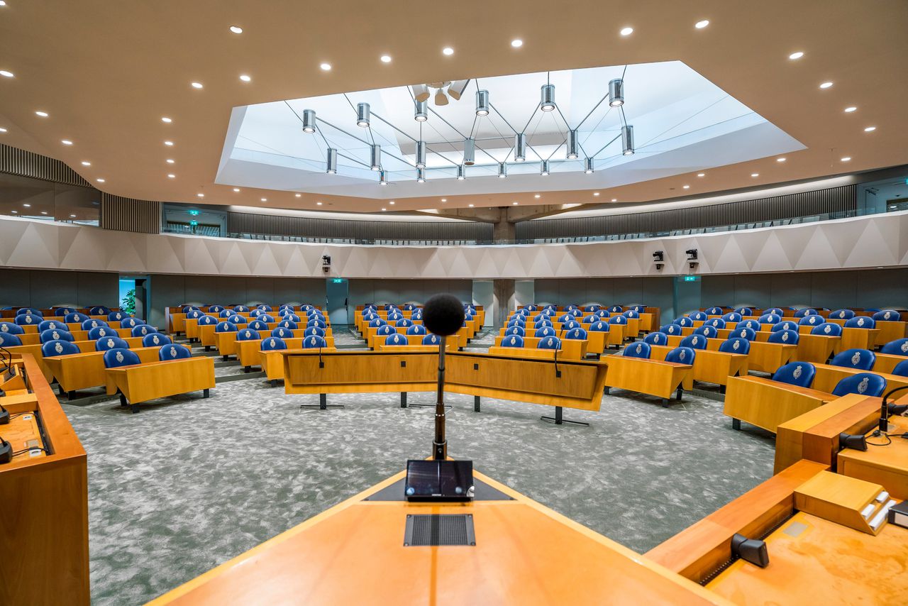 De plenaire zaal in het tijdelijke Tweede Kamergebouw.