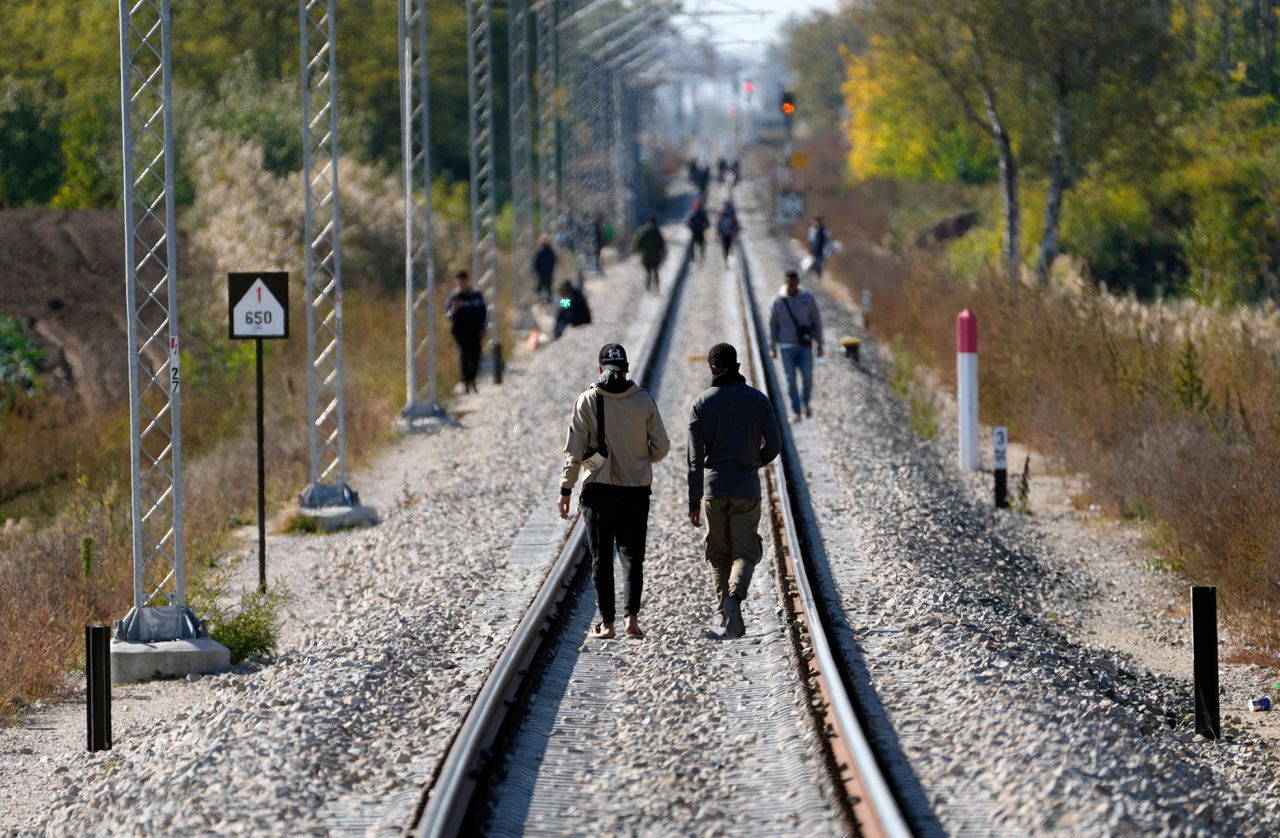 Migranten lopen op het spoor bij de grens tussen Servië en Hongarije nabij het Servische dorp Horgos, in oktober dit jaar.