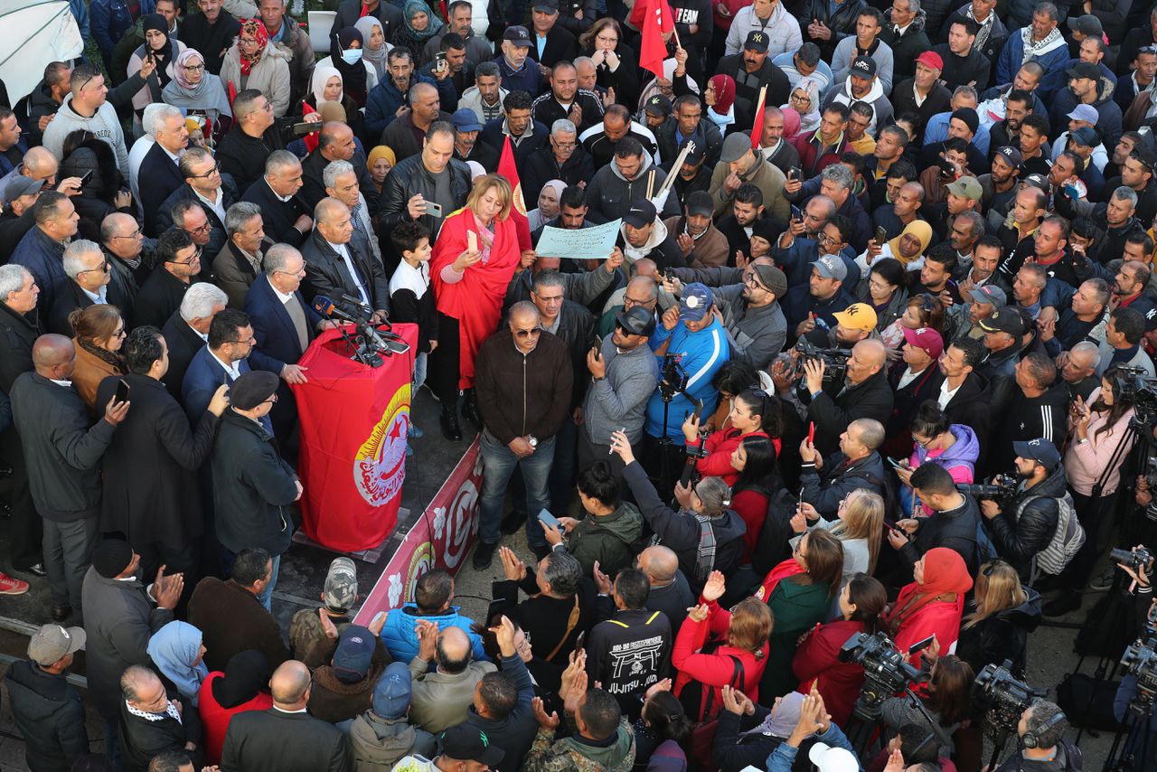 Een vakbondsbijeenkomst in de hoofdstad Tunis.