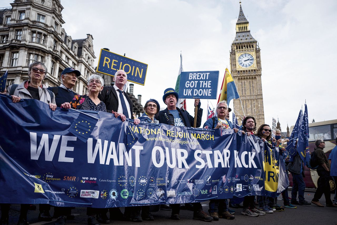 Voorstanders van Brits lidmaatschap van de Europese Unie eisen tijdens een betoging in Londen in oktober dat het Verenigd Koninkrijk de Brexit terugdraait.