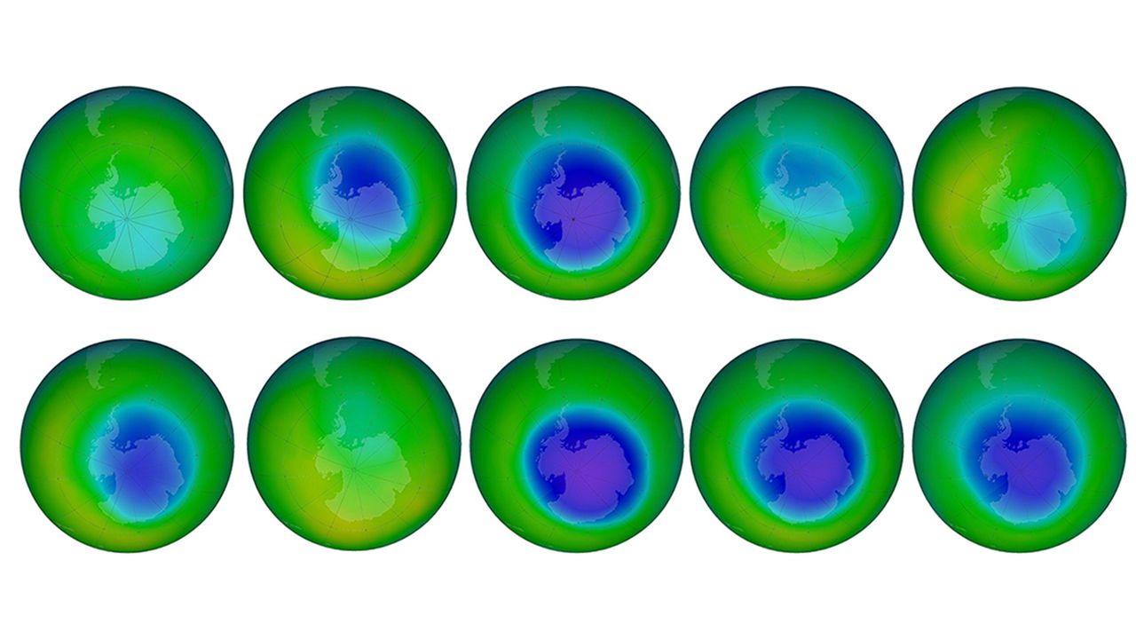 Het ozongat in november boven de Zuidpool in tien opeenvolgende jaren, van 2013 (linksboven) tot 2022. Blauw en paars tonen lage ozonniveaus.