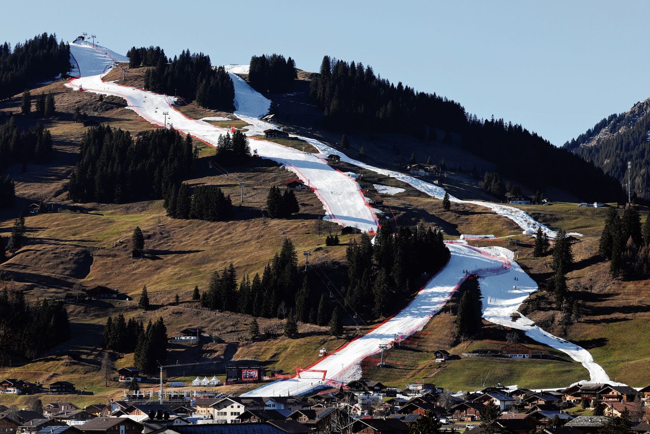 Het parcours voor de wereldbekerwedstrijd reuzenslalom voor mannen in het Zwitserse Adelboden, begin januari.