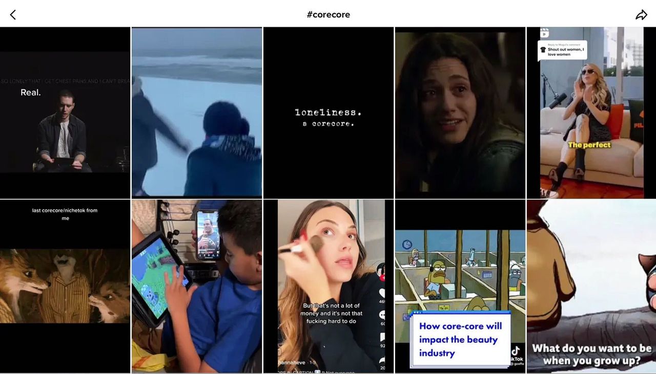 Zoekopdracht ‘#corecore’ op TikTok.