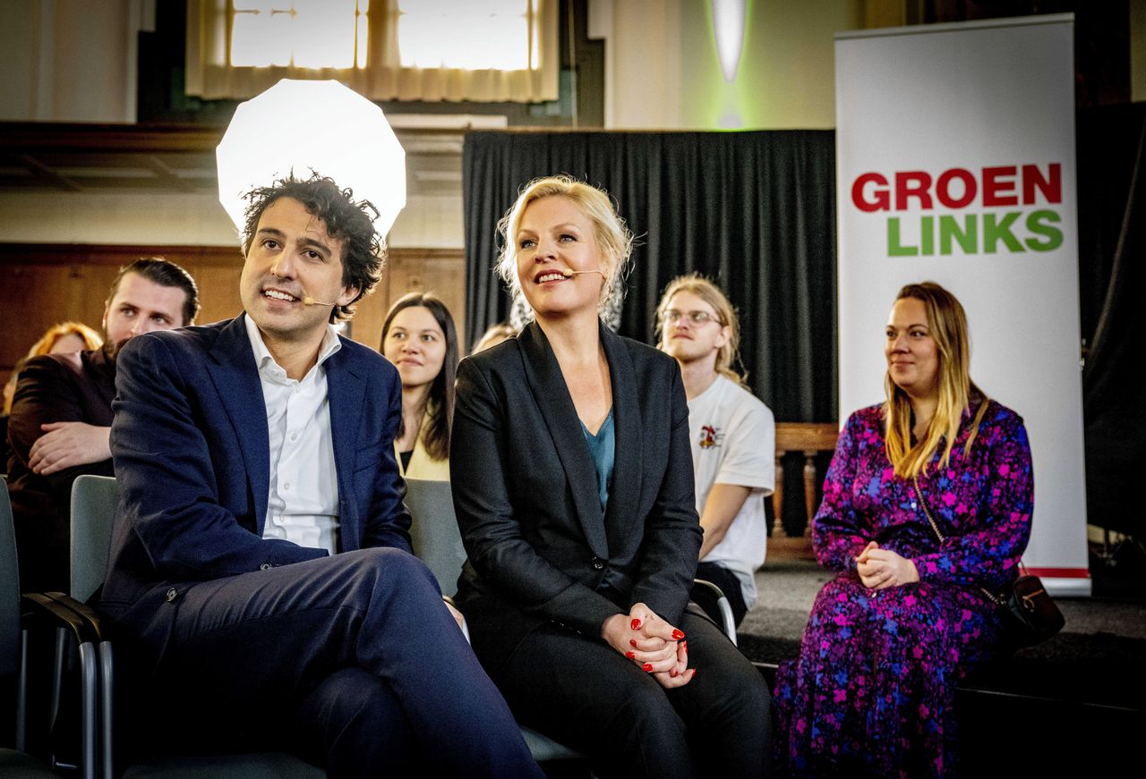 Partijleiders Jesse Klaver (GroenLinks) en Attje Kuiken (PvdA) bij hun hun gezamenlijke campagne-bijeenkomst in het Zeeuwse Middelburg.