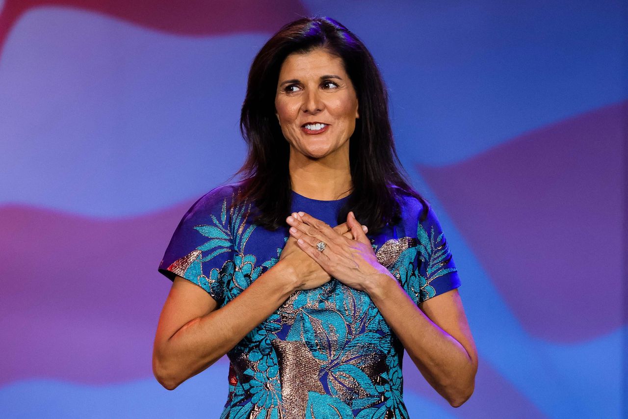 De voormalige Republikeinse gouverneur van South Carolina, Nikki Haley, in november vorig jaar, als spreker op een bijeenkomst van de Republikeinse Joodse Coalitie in Las Vegas.