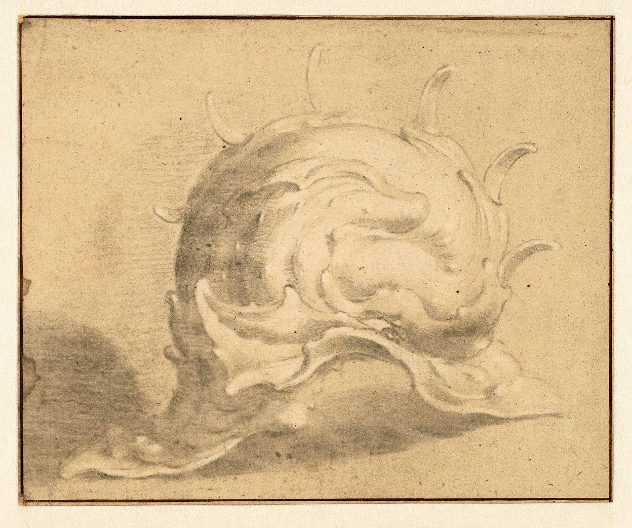 Johannes Lutma (1584-1669): Ontwerp voor een helm, ca. 1650 (grijs en wit krijt op lichtbruin papier, 170× 209 mm).