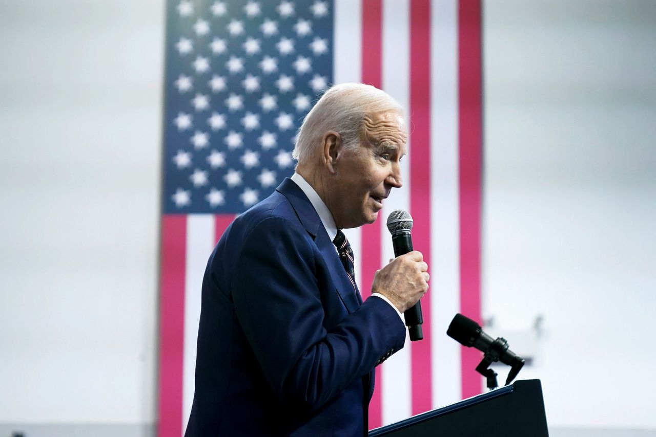 President Joe Biden donderdag bij de presentatie van zijn begrotingsvoorstel voor 2024 in Philadelphia.