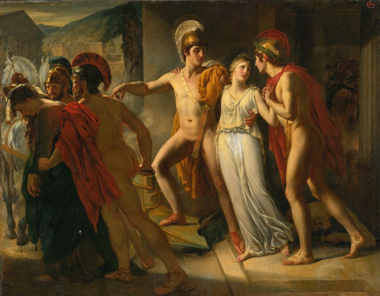 De broers Castor en Pollux met tussen hen in hun zus (of halfzus in andere versies van het verhaal) Helena, geschilderd door Jean-Bruno Gassies (1786 - 1832)