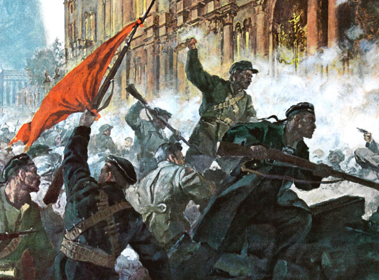 De bestorming van het Winterpaleis in oktober 1917. In werkelijkheid verliep de staatsgreeprustig.