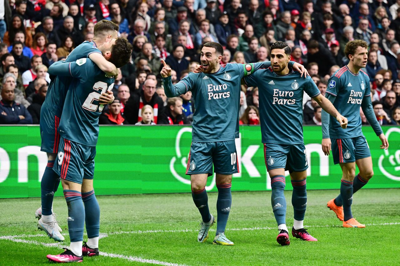 Doelpuntenmaker Sebastian Szymanski, Santiago Gimenez, Orkun Kokcu en Alireza Jahanbaksh (van links naar rechts) juichen als Feyenoord op 2-2 komt tegen Ajax.