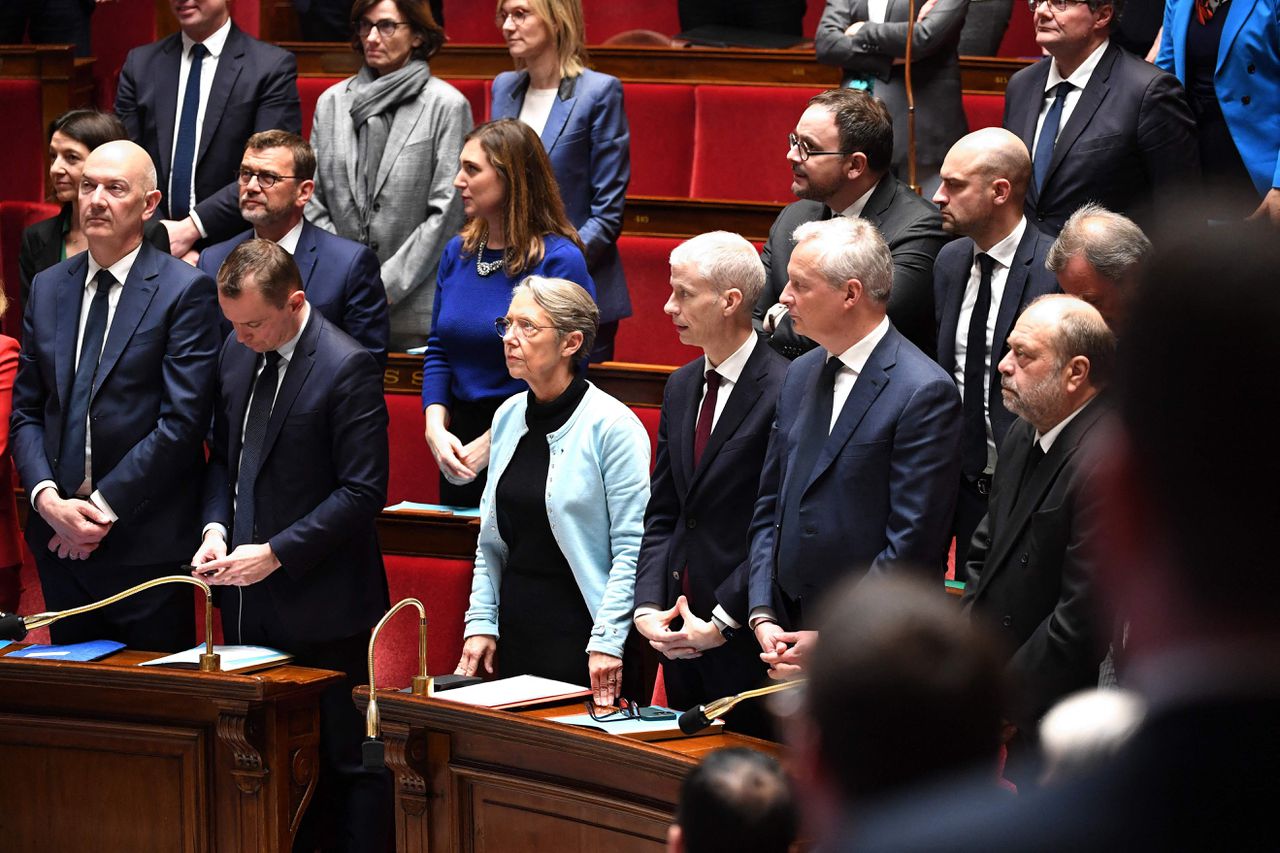 Premier Élisabeth Borne (midden) en een aantal ministers in het parlementsgebouw in Parijs voor de stemming.