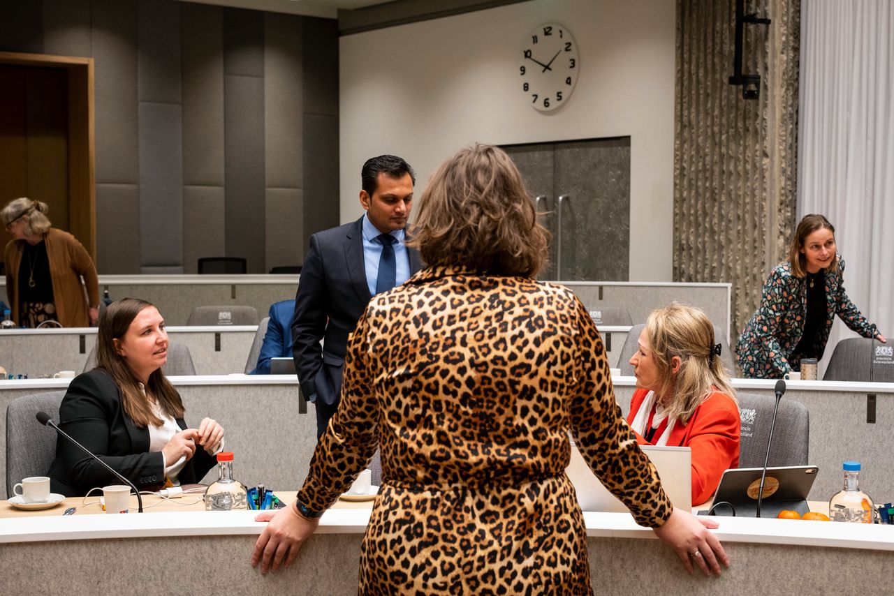 Vergadering van de Provinciale Staten Zuid-Holland. V.l.n.r. Laura Neijenhuis en Vinesh Lalta (D66), Rosalie Bedijn (op de rug) en Eveline Hijink (PvdA), Hanke Hoogerwerf (PvdD).