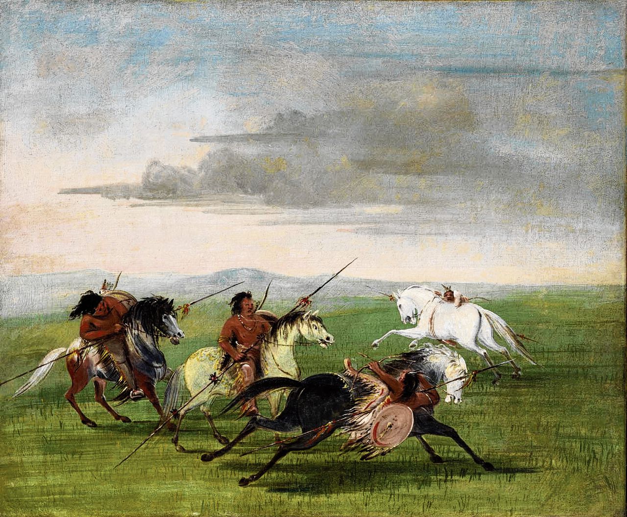 Comanches op een schilderij George Catlin uit 1834-1835. Comanches hadden al paarden voordat ze naar het huidige Texas migreerden.