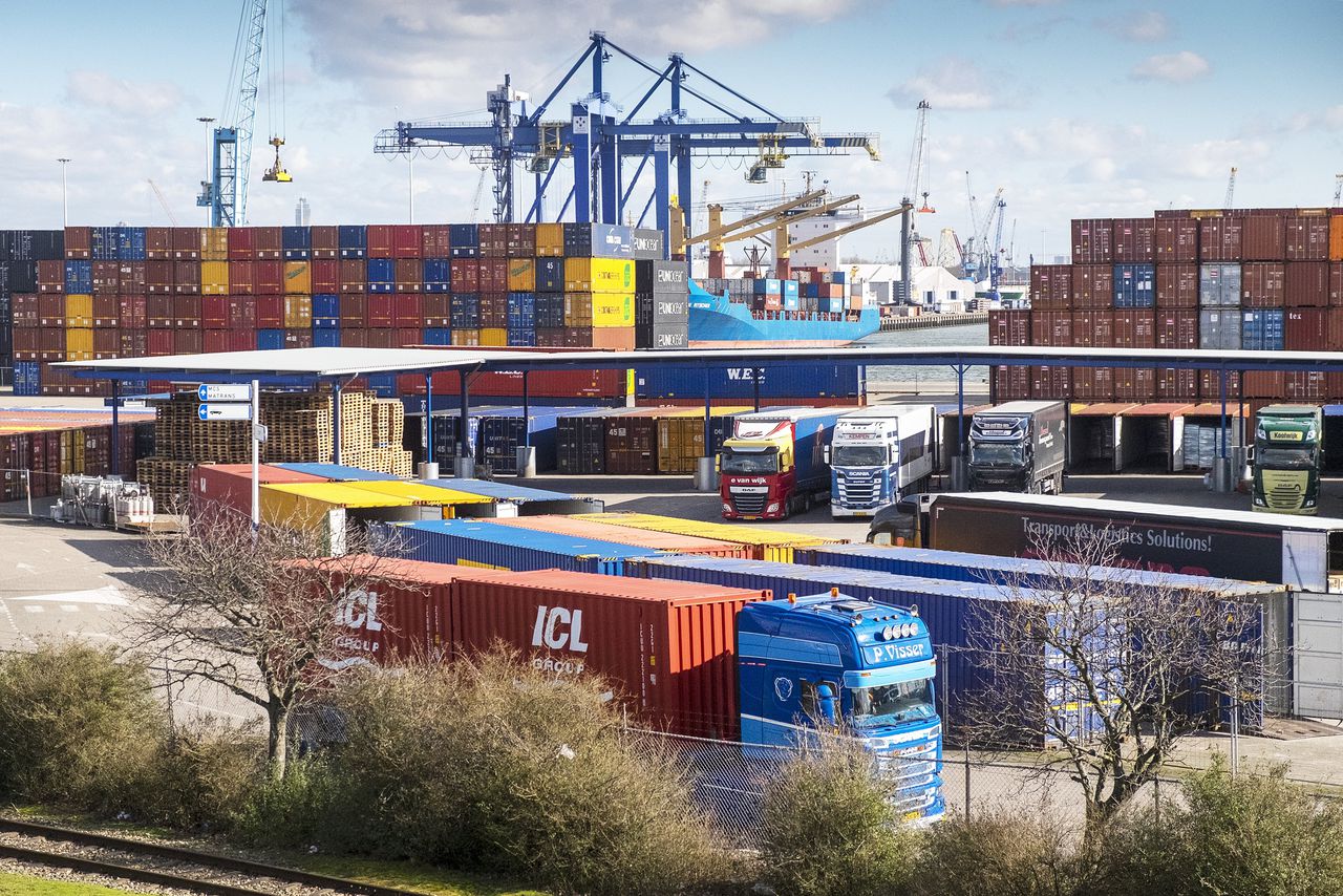 Opgestapelde containers in de Waalhaven, onderdeel van de Rotterdamse haven.