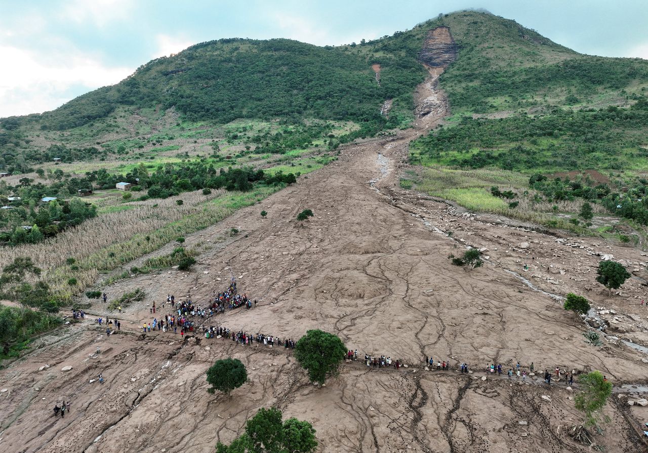 Het weggespoelde dorp Mtauchira in Malawi, Zuidoost-Afrika.