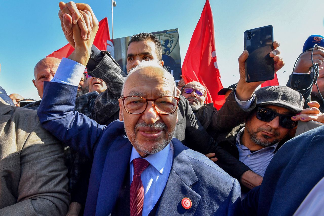 Rached Ghannouchi (81), hoofd van de Islamitische partij Ennahdha in Tunis in februari.