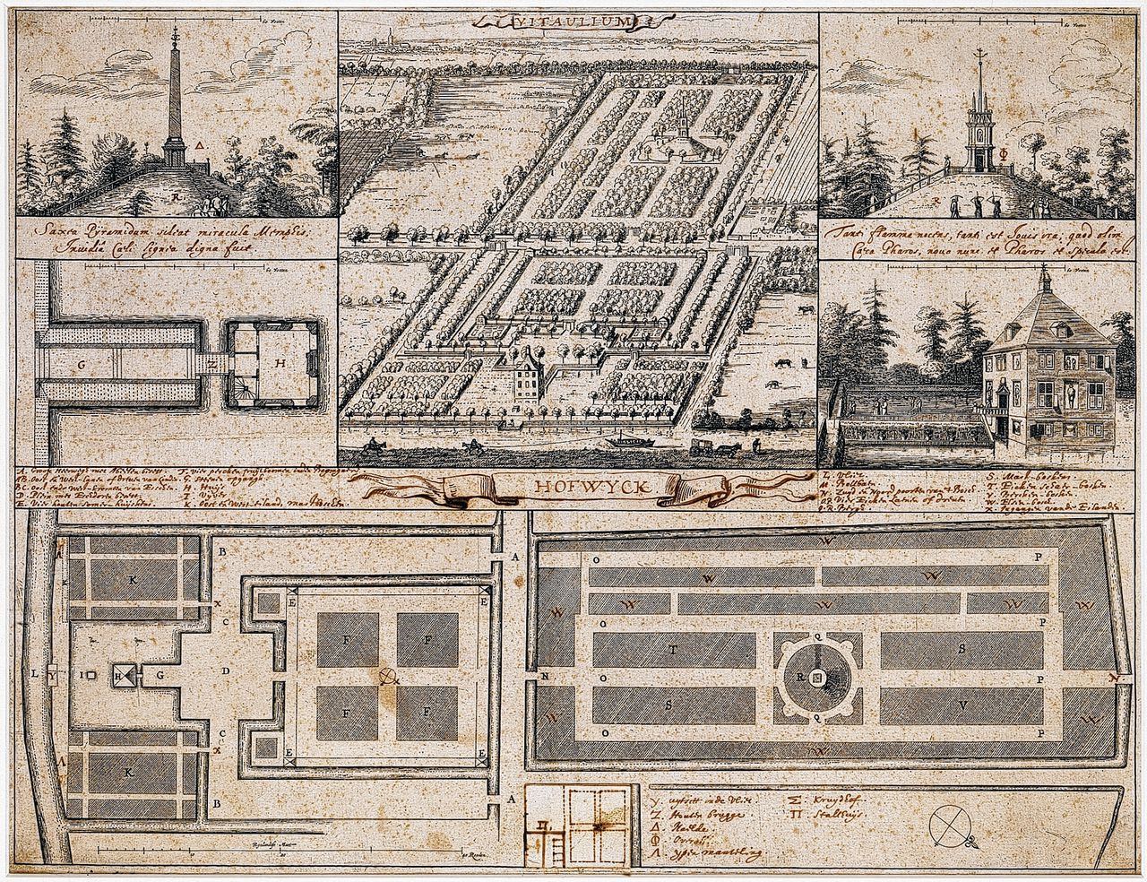 Illustratie uit Vitaulium Hofwijck met handgeschreven toelichting van Huygens. Gravure van Pieter Post, 1653.