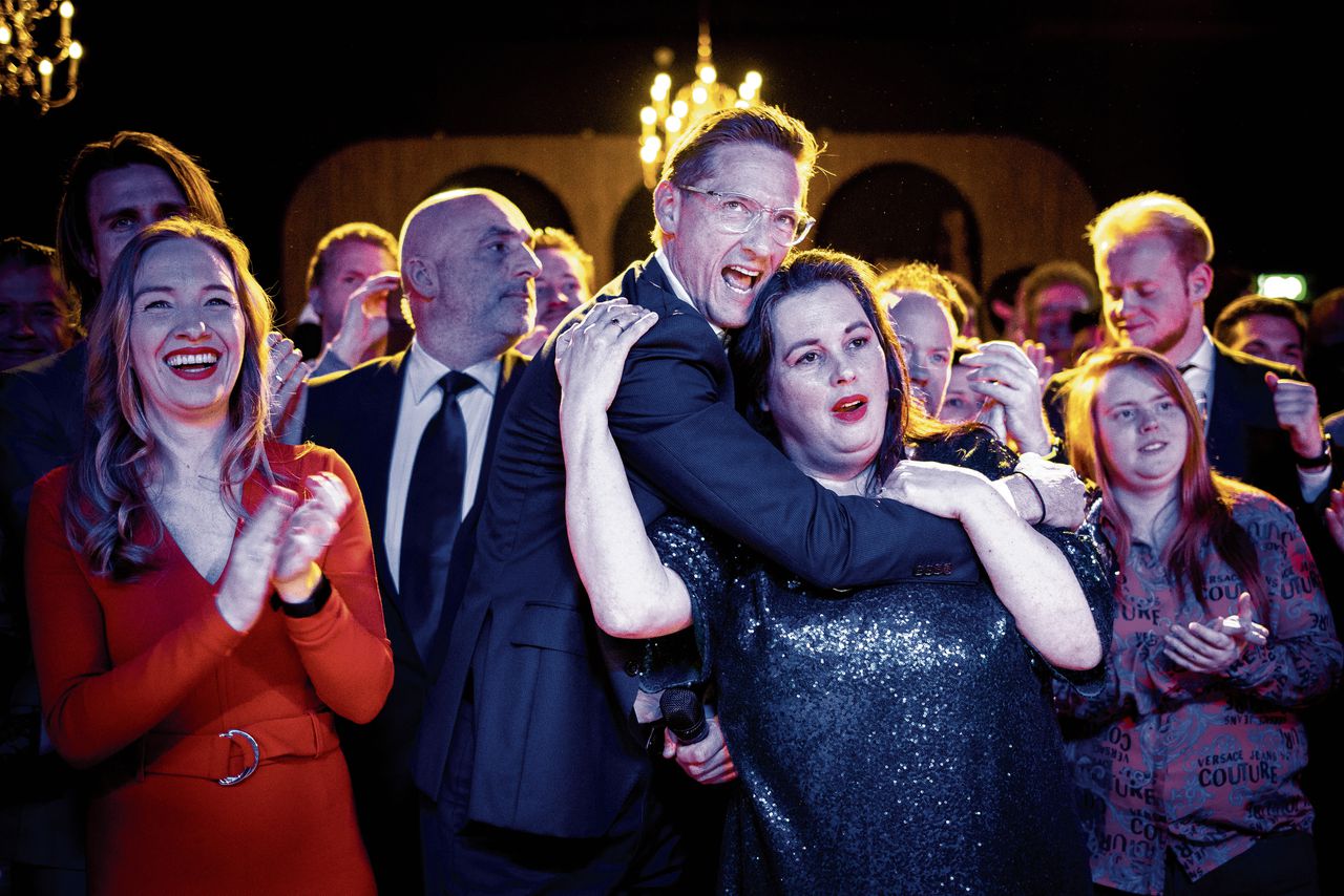 DEN BOSCH - JA21-leider Joost Eerdmans en Annabel Nanninga reageren op de uitslagen voor de Provinciale Statenverkiezingen. ANP RAMON VAN FLYMEN