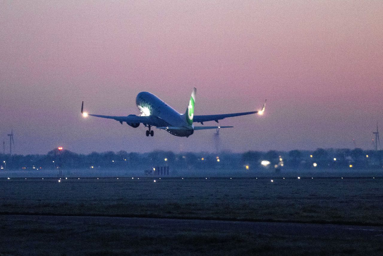 Een toestel van Transavia stijgt op vanaf Schiphol.