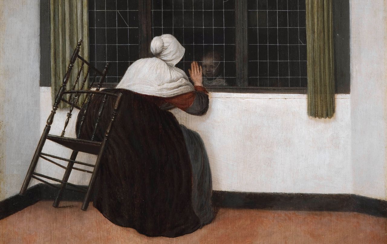 Jacobus Vrel, Vrouw bij een venster, kijkend naar een kind, (detail) na 1656. (Olieverf op paneel, 45,7 x 39,2 cm.)