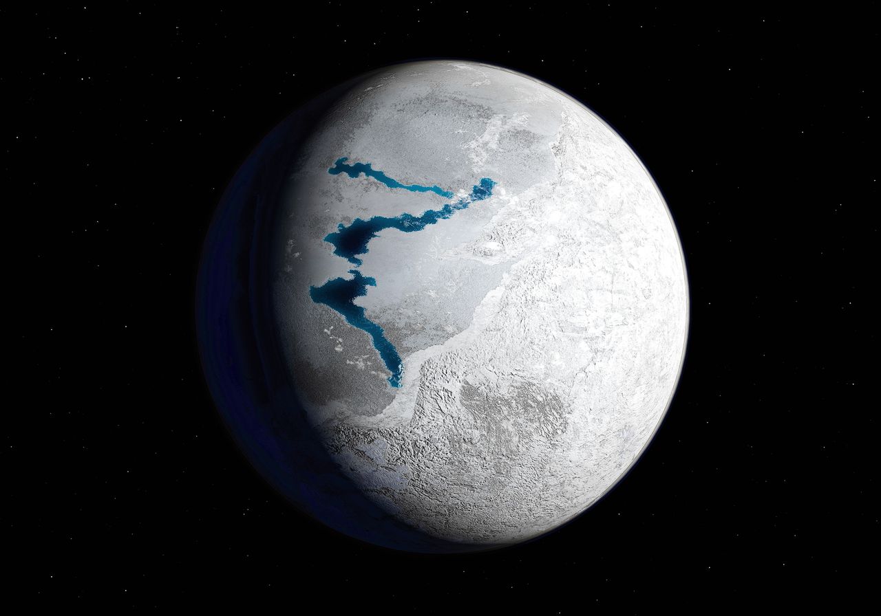 Een hypothetische blik op de aarde van zo’n 650 miljoen jaar geleden, met open gebieden tussen de ijsvlakten.