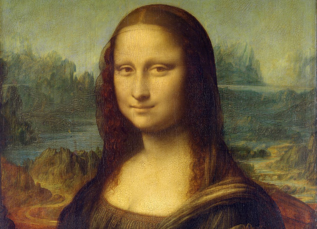 Detail van de Mona Lisa met de brug naast haar linkerschouder.