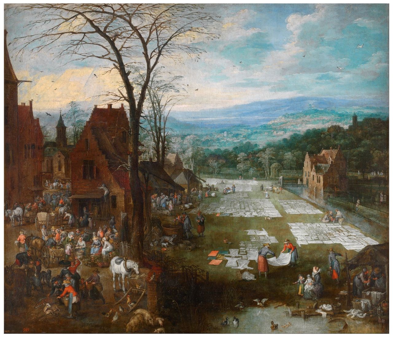 Marktplein en bleekveld in Vlaanderen, een schilderij van Jan Brueghel en Joos de Momper.