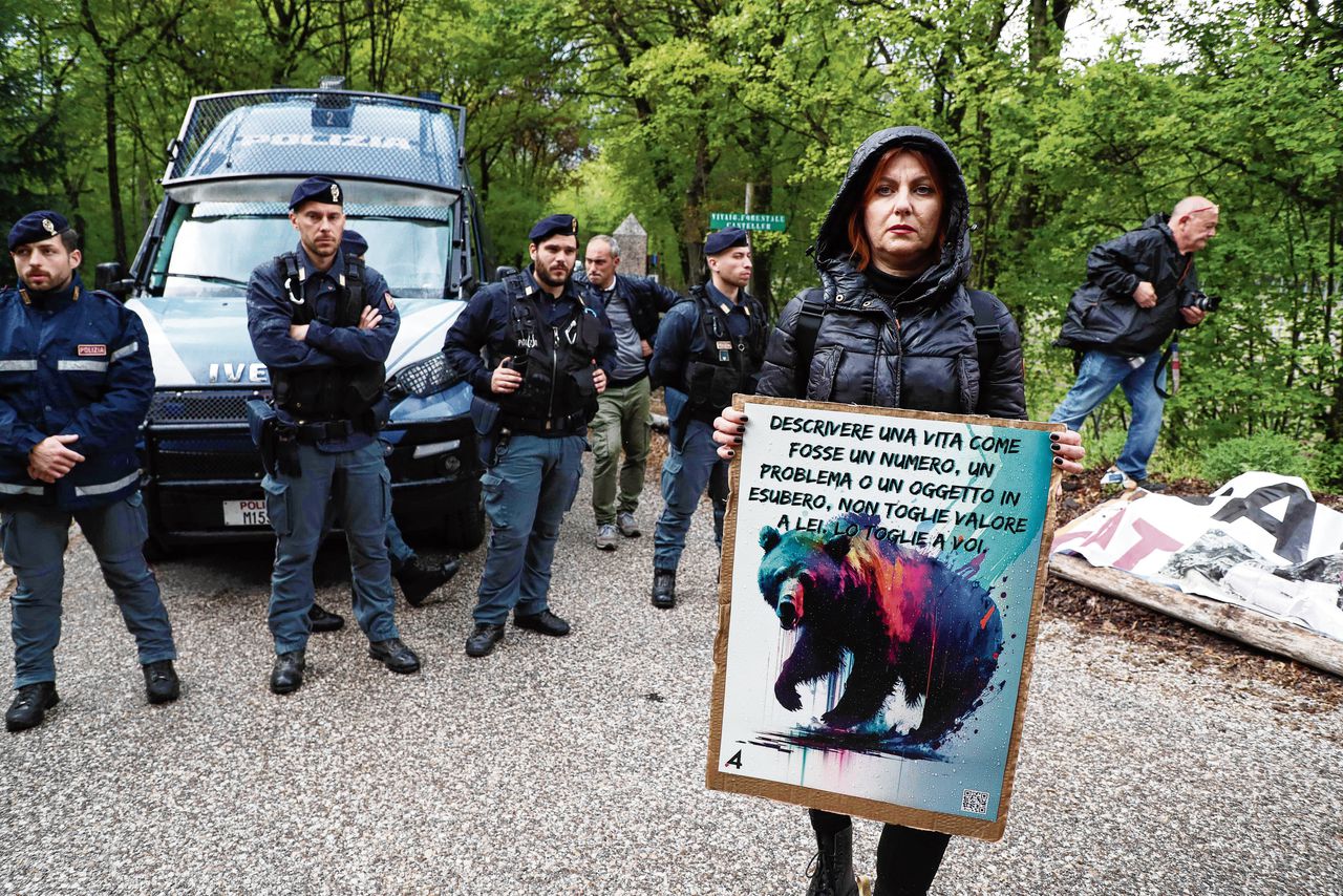 Betoging van dierenactivisten in het Italiaanse Trento, tegen het afmaken van een wilde beer die recent een jogger dodelijk verwondde.