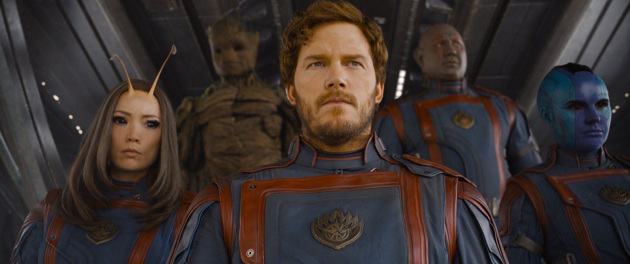 Chris Pratt (midden) in de nieuwe film Guardians of the Galaxy Vol. 3.