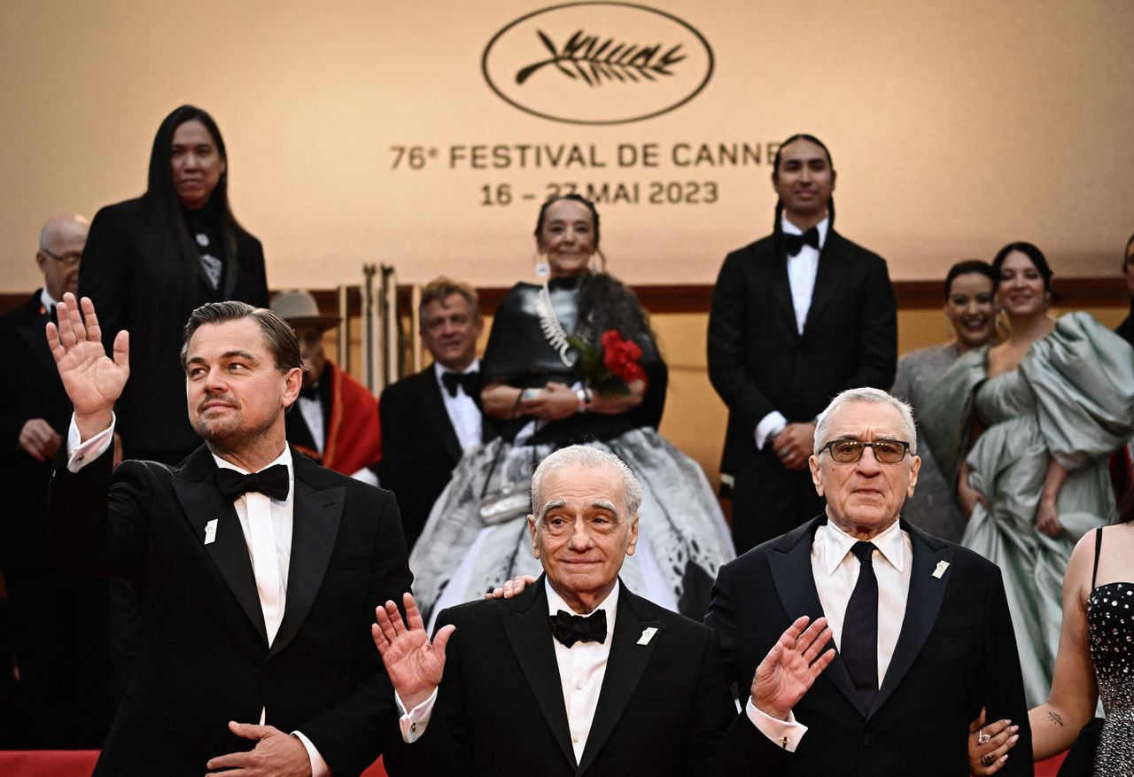 V.l.n.r.: Leonardo Dicaprio, Martin Scorsese en Robert de Niro vlak voor de vertoning van Killers of the Flower Moon in Cannes