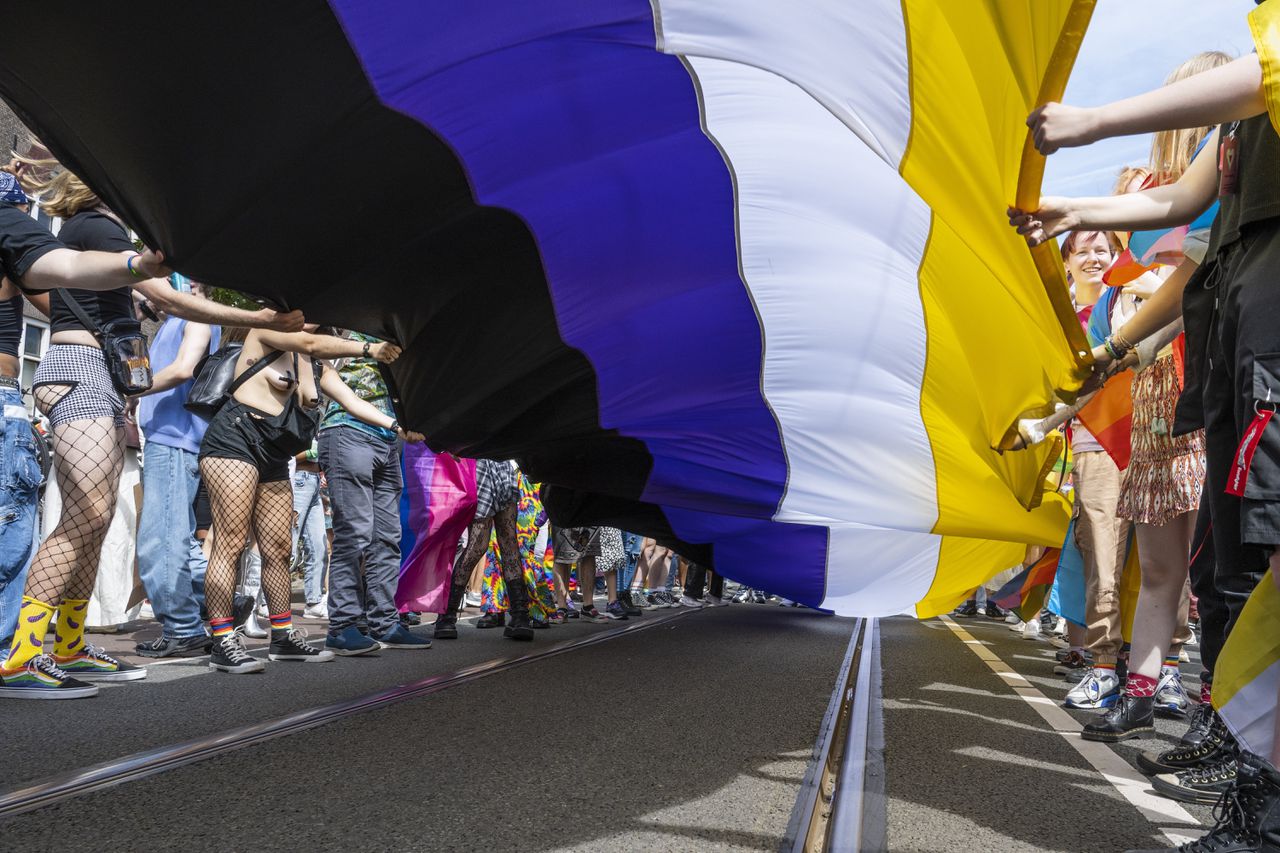 In de Pride Walk, een demonstratie voor gelijke rechten, lopen mensen met een non-binary pride-vlag.