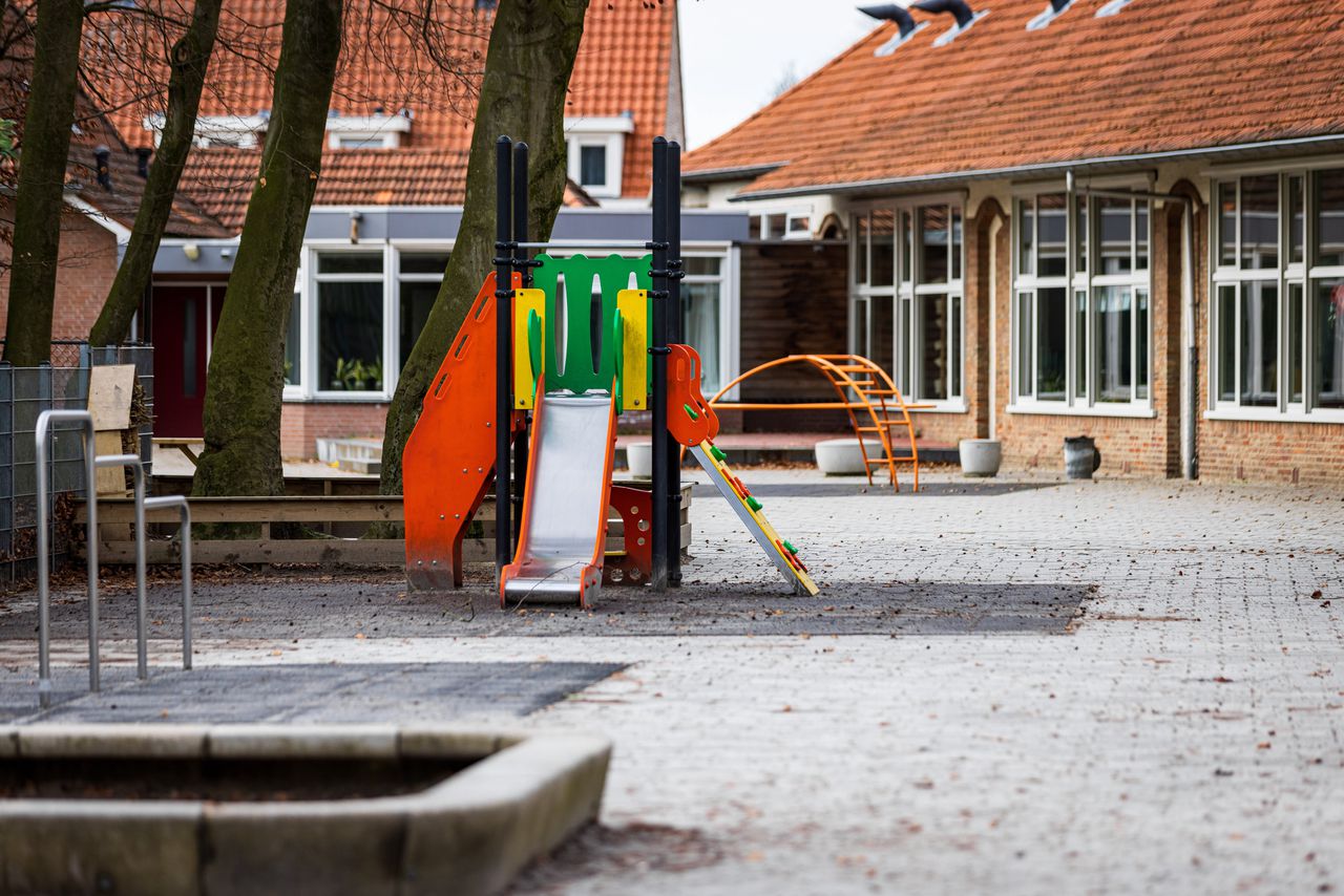 Een speeltoestel en een zandbak op een leeg schoolplein.