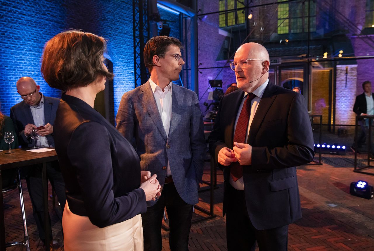 PvdA’er Frans Timmermans (rechts) en GroenLinkser Bas Eickhout in hun rol als lijsttrekkers bij de vorige Europese Parlementsverkiezingen in 2019.