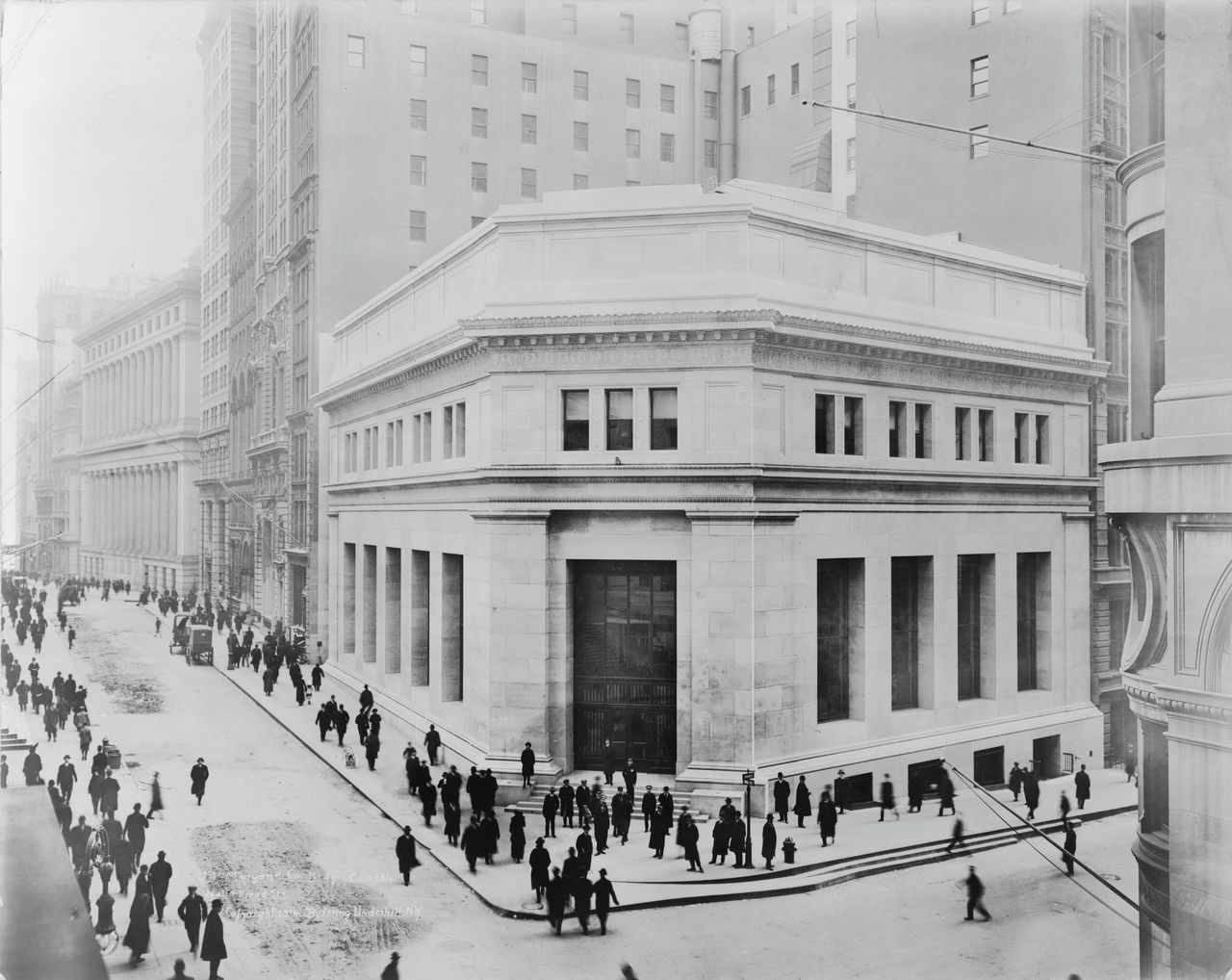 Een archieffoto van het oude hoofdkantoor van J.P. Morgan & Co in New York, in 1914.