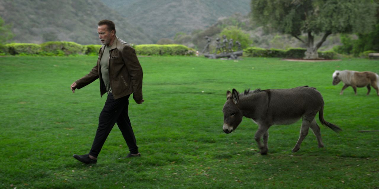 Arnold Schwarzenegger samen met zijn ezel Lulu (voorgrond) en minipaard Whiskey (rechtsachter).