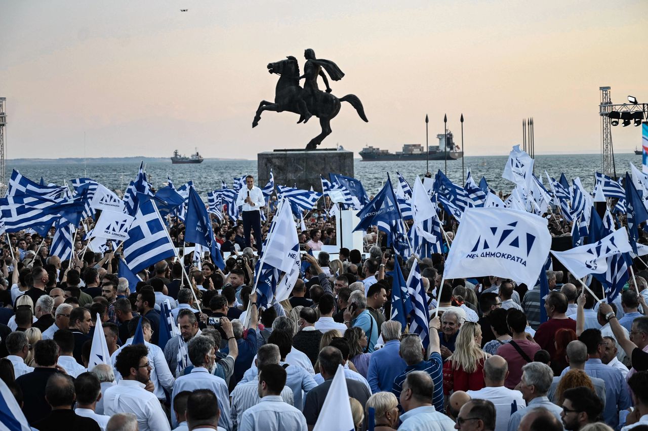 Premier Kyriakos Mitsotakis houdt een speech in Thessaloniki tijdens de verkiezingscampagne, 21 juni 2023.