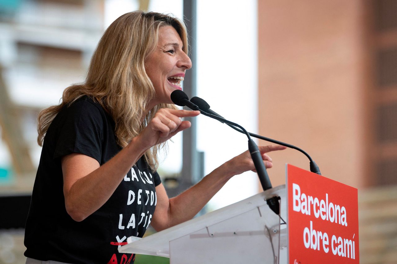 De Spaanse vicepremier en minister van Arbeid Yolanda Díaz vorige maand tijdens een verkiezingsbijeenkomst in Barcelona.