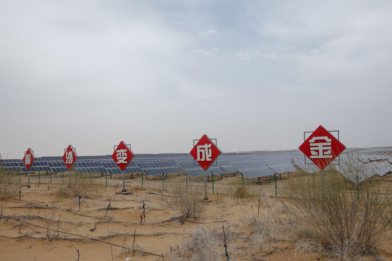 Zonnepanelen in Ordos, China. De slogan op de borden zegt: 'Verander geel zand in goud’.