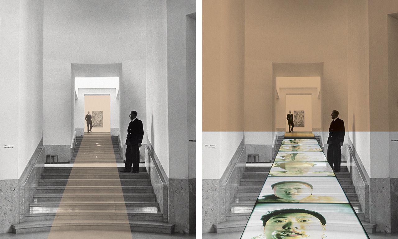 Museum Boijmans van Beuningen in Rotterdam (links). Rechts: Op de vloer '1/30th of a Second Underwater' van de Chinese kunstenaar Wang Wei.