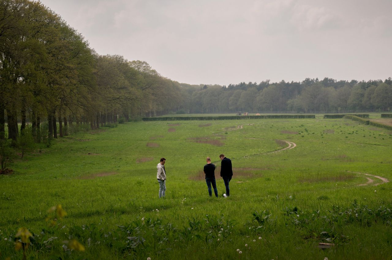 De broers bij Erno’s graf op de natuurbegraafplaats.