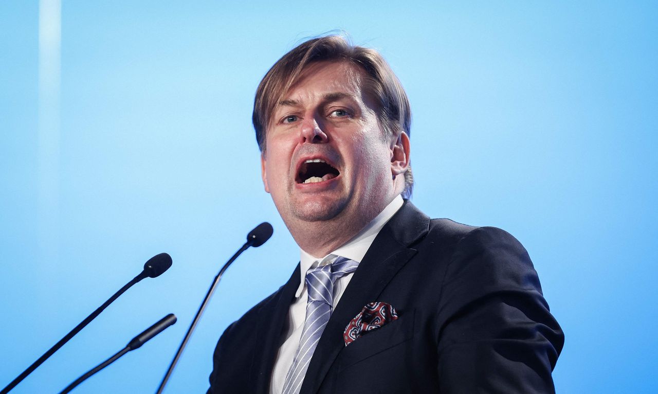 AfD-lijsttrekker Maximilian Krah op het partijcongres in het Duitse Magdeburg deze zaterdag.