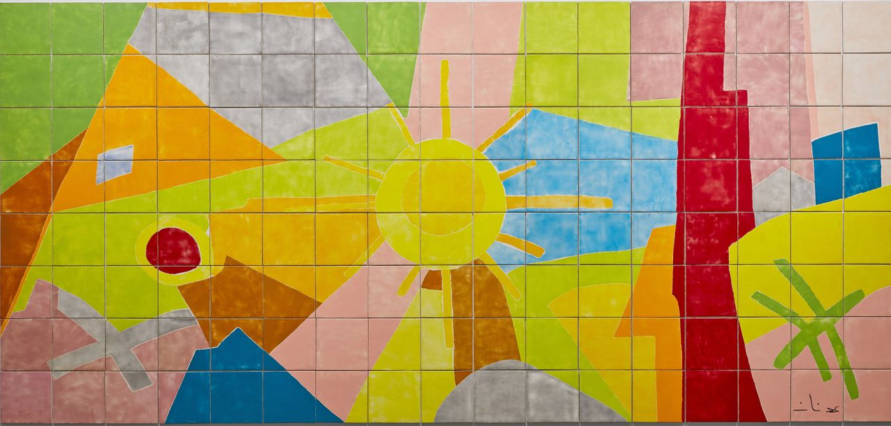 Etel Adnan, de zon op het tegeltableau Le Soleil Toujours (2020) in het Utrechts Museum, bruikleen museum Voorlinden