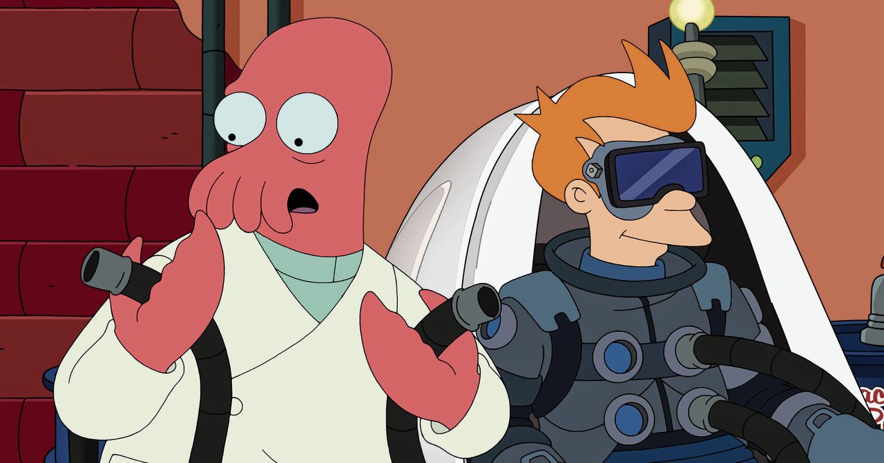 Het glibberige wezen Dr. Zoidberg (links) en hoofdpersonage Fry (rechts) in het nieuwe seizoen van Futurama. Fry heeft zijn bingebril opgezet.