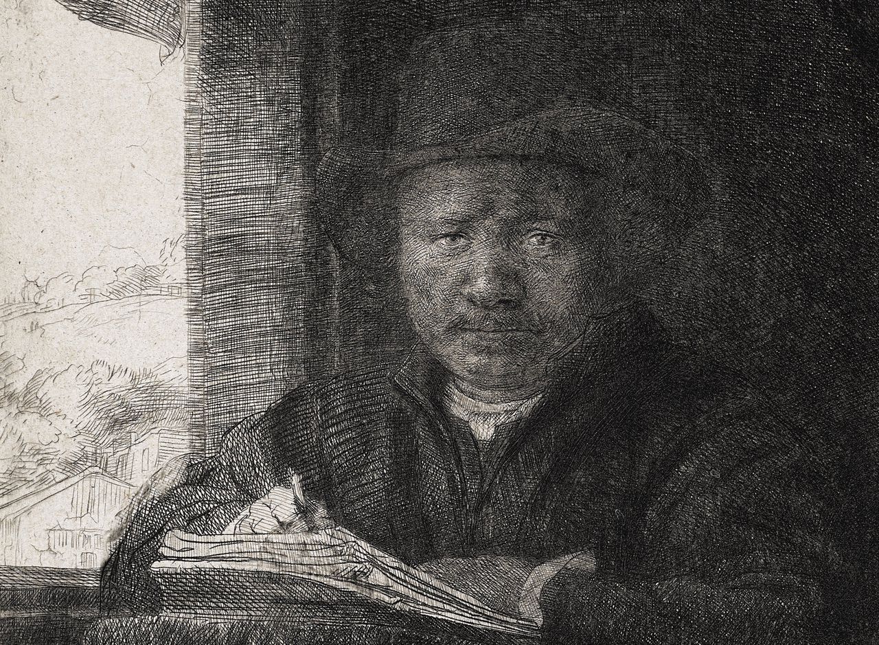 Rembrandt van Rijn, ‘Rembrandt tekenend’, 1648 (detail).