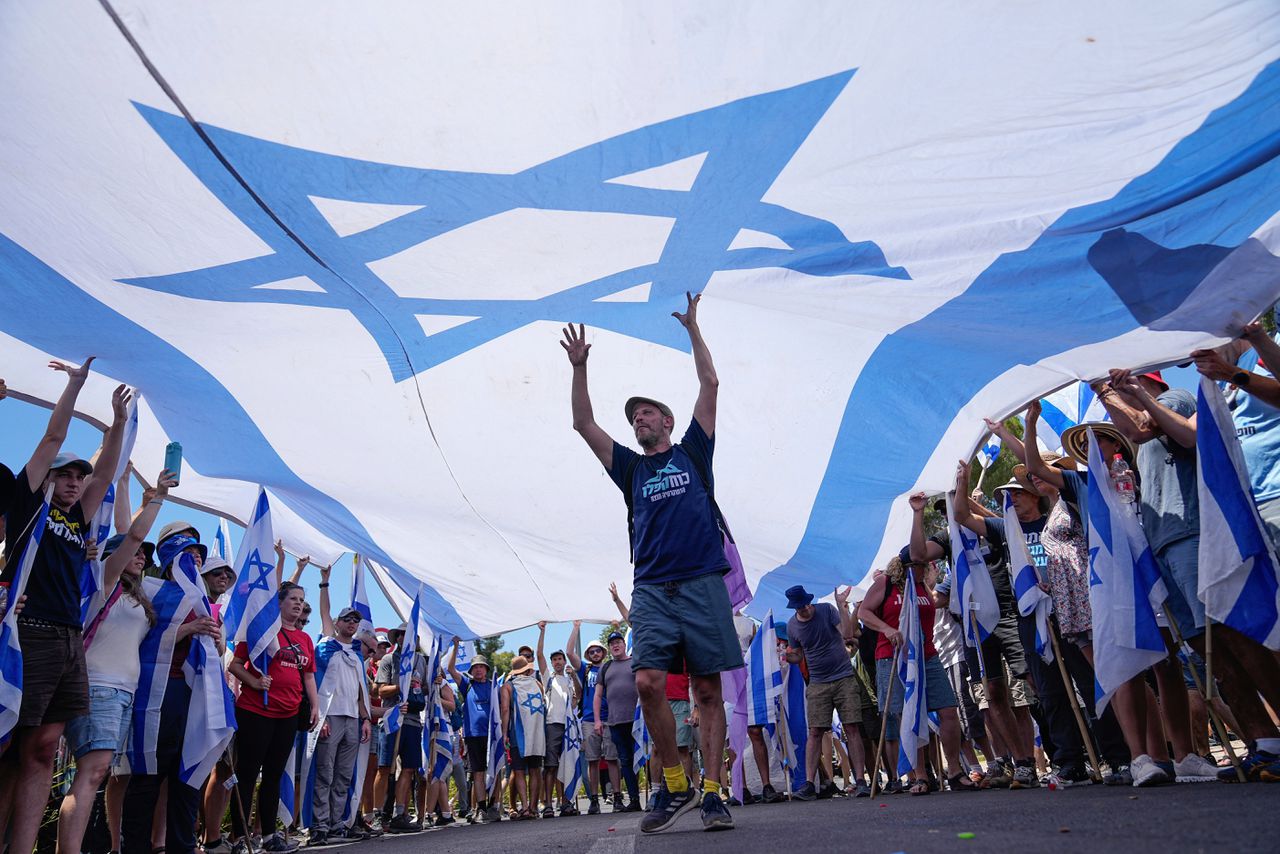 Protest tegen het wetsvoorstel, maandag bij het Israëlische parlement.