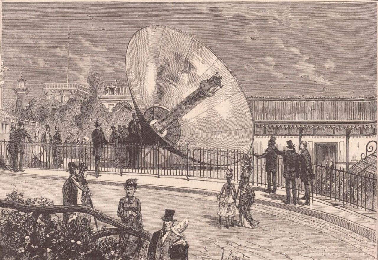 De parabolische energiemachine van Mouchot op de Wereldtentoonstelling in Parijs in 1878..